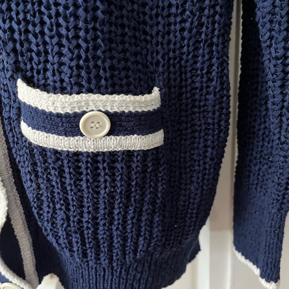Navy Blue Knit Sweater with White Trim - Picture 3 of 11